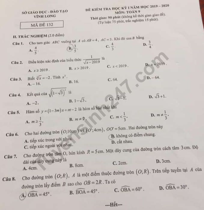 De thi ki 1 lop 9 mon Toan So GD Vinh Long 2019 - 2020