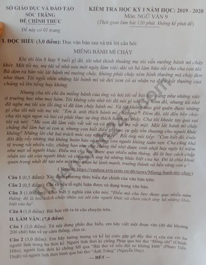 De thi ki 1 mon Van lop 9 tinh Soc Trang 2019 - 2020