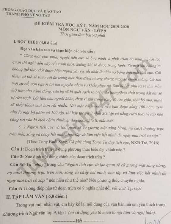 De thi ki 1 mon Van lop 9 nam 2019 - 2020 Vung Tau
