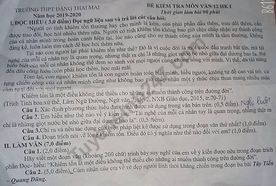 De thi hoc ki 1 lop 12 mon Van nam 2019 THPT Dang Thai Mai