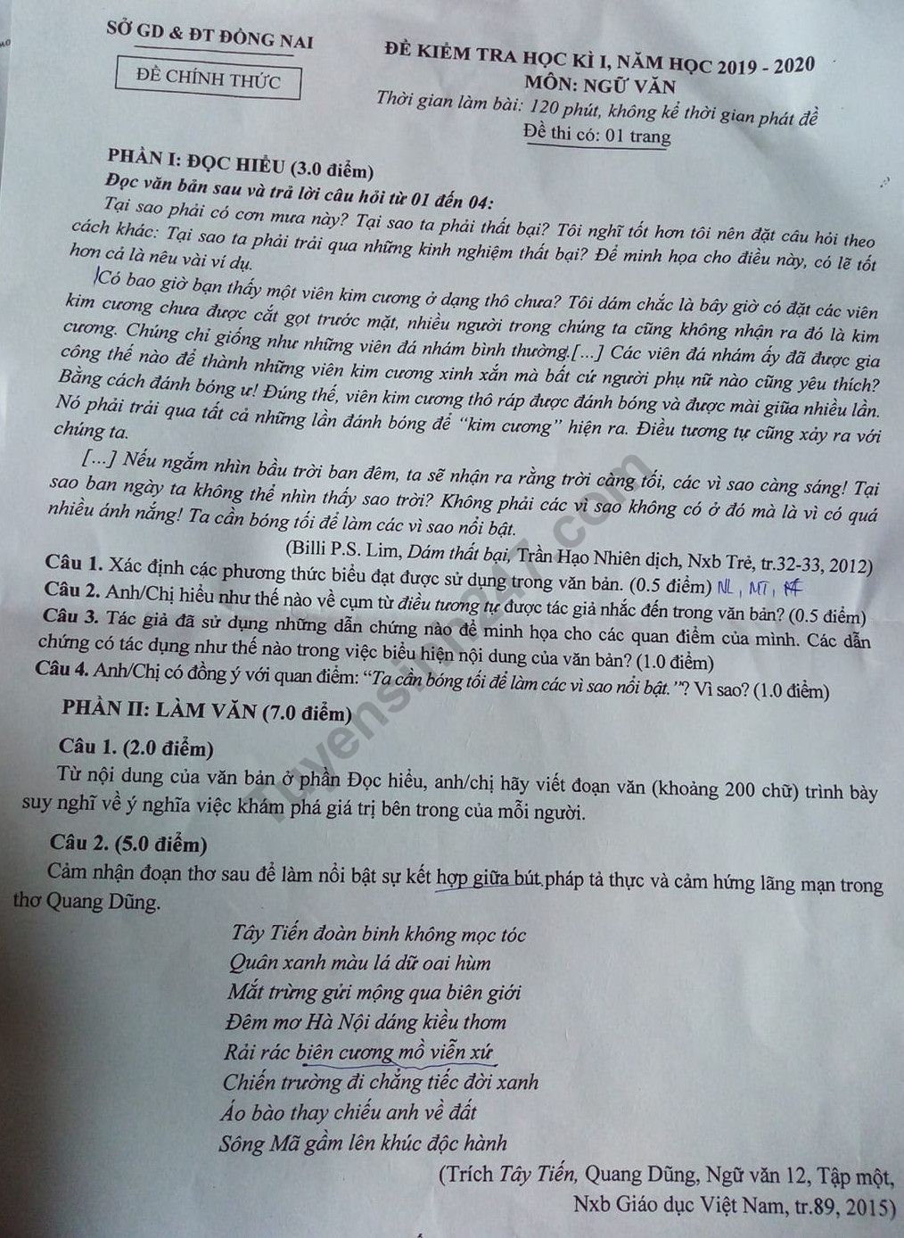 De thi lop 12 mon Van ki 1 So GD&DT Dong Nai nam 2019