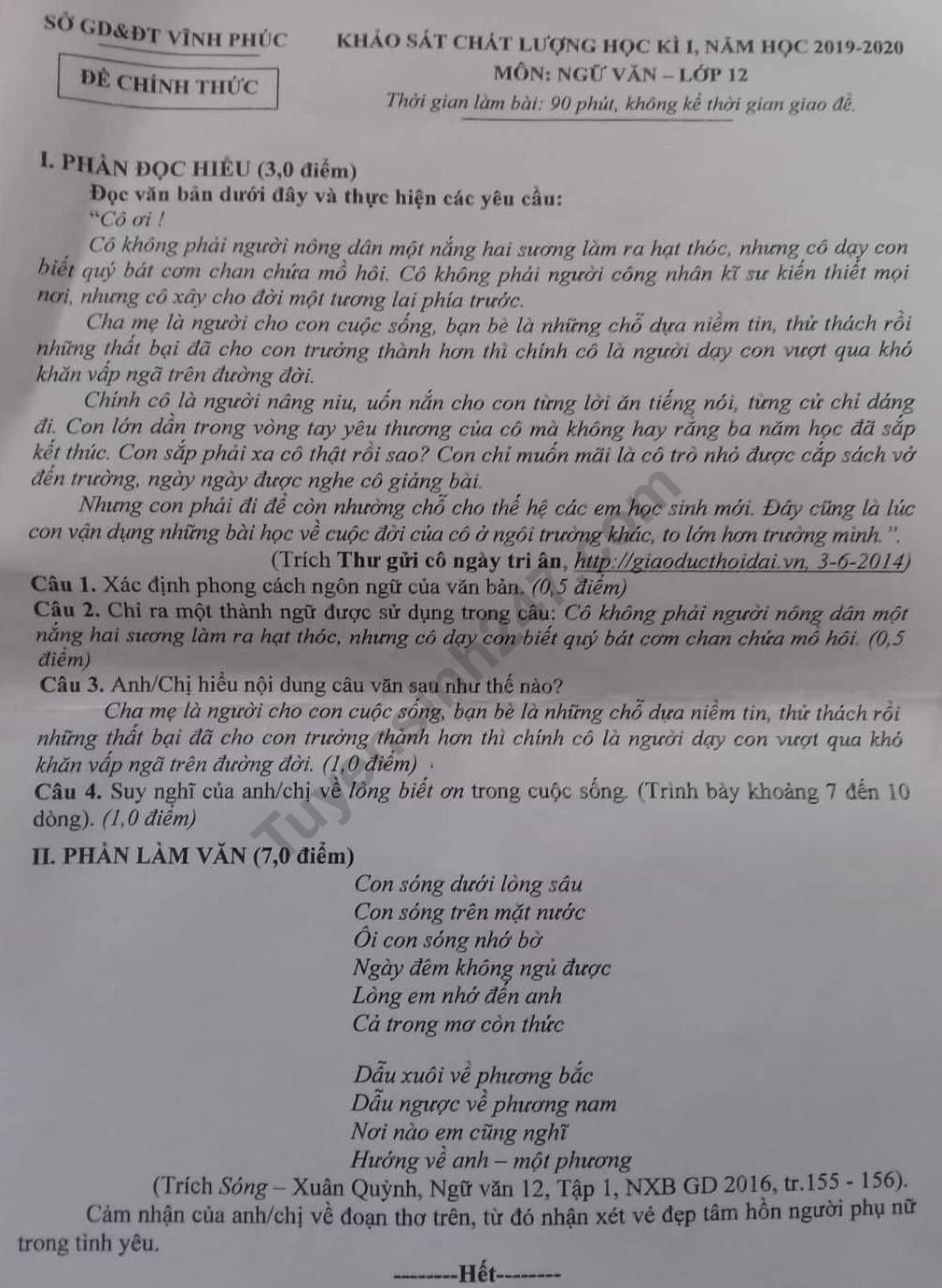 De thi hoc ki 1 mon Van lop 12 So GD&DT Vinh Phuc nam 2019