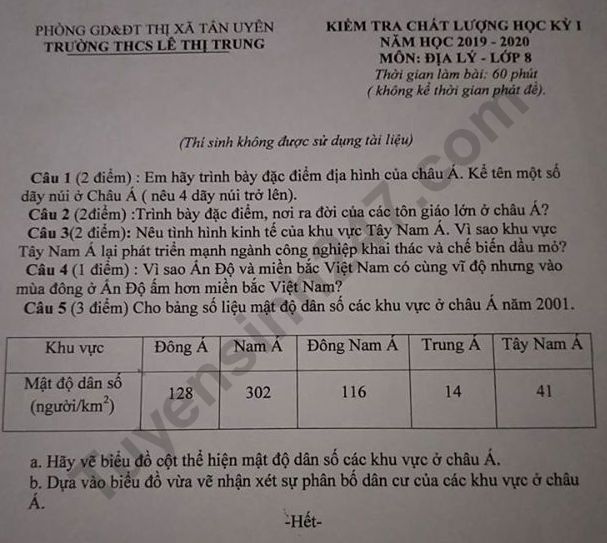 De thi hoc ki 1 mon Dia lop 8 THCS Le Thi Trung nam 2019