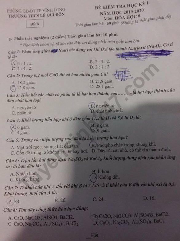 De thi ki 1 mon Hoa lop 8 nam 2019 THCS Le Quy Don