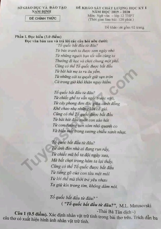 De thi ki 1 lop 12 mon Van So GD Nam Dinh 2019 - 2020