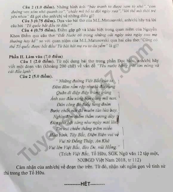 De thi ki 1 lop 12 mon Van So GD Nam Dinh 2019 - 2020