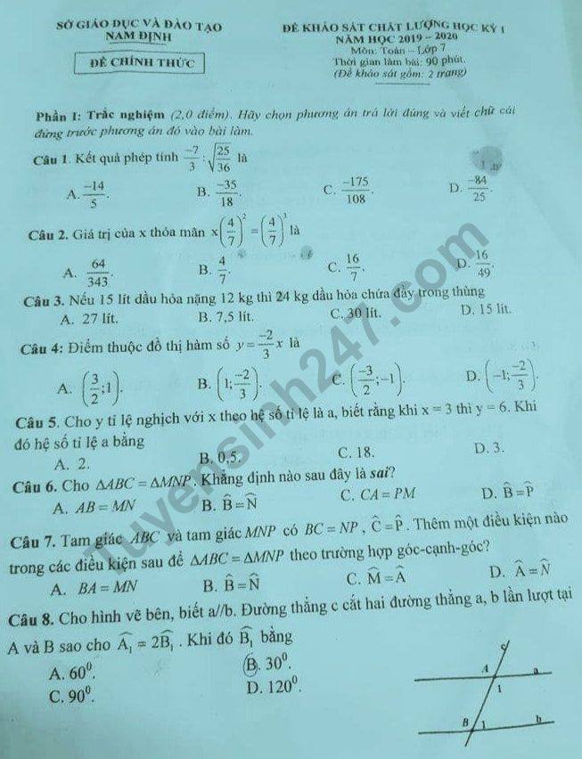 De thi mon Toan hoc ki 1 lop 7 So GD&DT Nam Dinh nam 2019