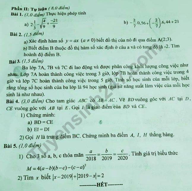De thi mon Toan hoc ki 1 lop 7 So GD&DT Nam Dinh nam 2019