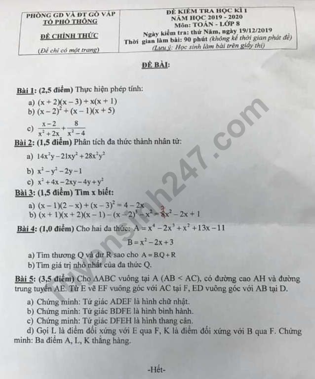 De thi hoc ki 1 mon Toan lop 8 Phong GD&DT Go Vap 2019