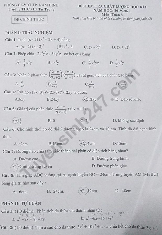 De thi mon Toan lop 8 ki 1 THCS Ly Tu Trong nam 2019