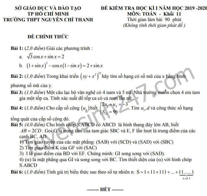 De thi ki 1 lop 11 mon Toan 2019 THPT Nguyen Chi Thanh - TP HCM