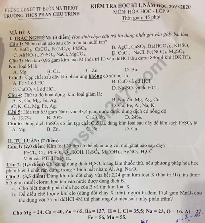 De thi mon Hoa lop 9 ki 1 THCS Phan Chu Trinh nam 2019