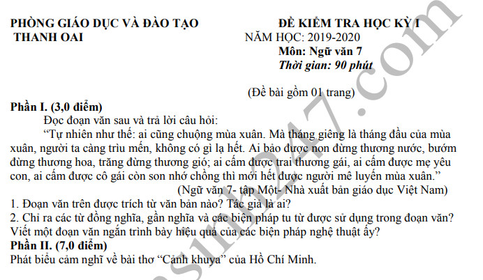 De thi ki 1 mon Van lop 7 nam 2019 - Thanh Oai