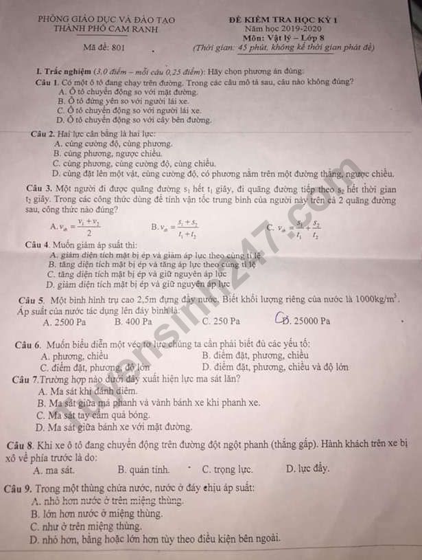 De thi ki 1 lop 8 mon Ly 2019 - 2020 TP Cam Ranh