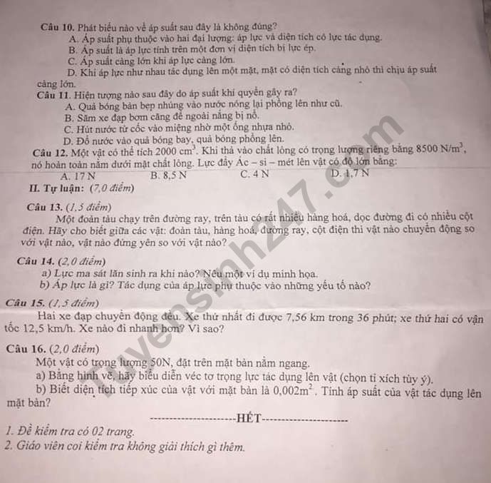 De thi ki 1 lop 8 mon Ly 2019 - 2020 TP Cam Ranh