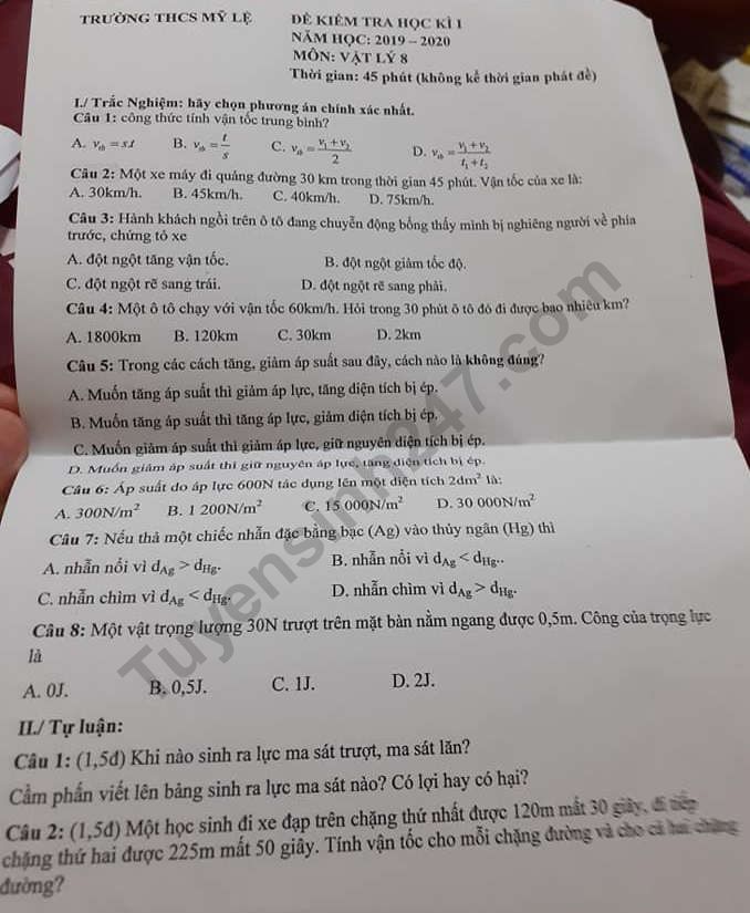 De thi ki 1 lop 8 mon Ly 2019 - 2020 THCS My Le