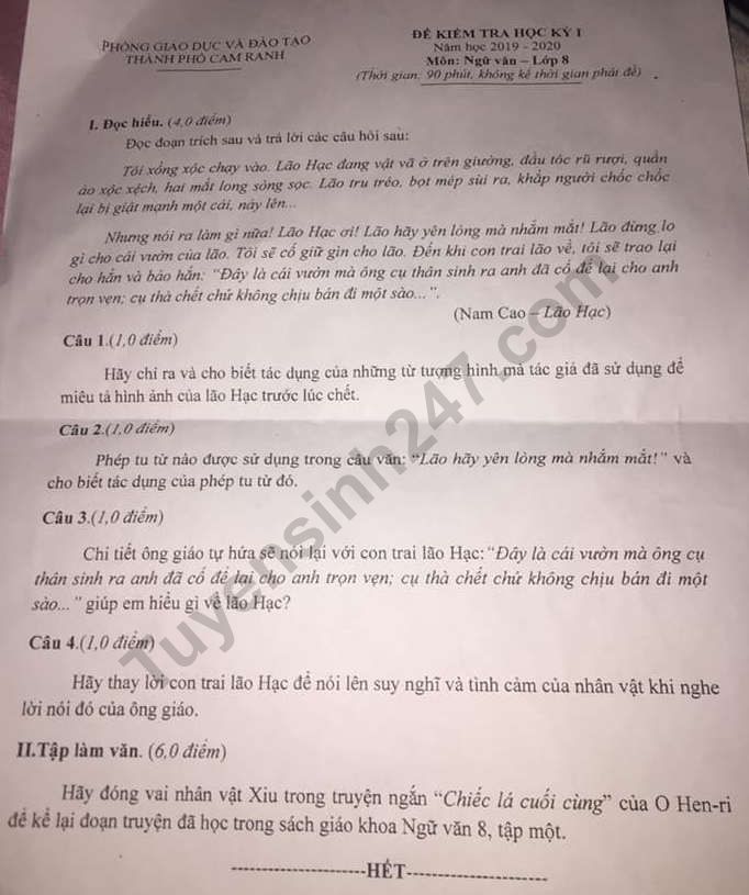 De thi ki 1 lop 8 mon Van 2019 - 2020 Cam Ranh