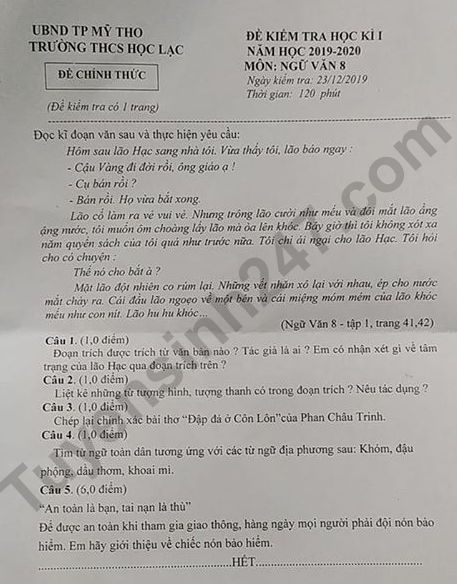 De thi ki 1 lop 8 mon Van 2019 - 2020 THCS Hoc Lac