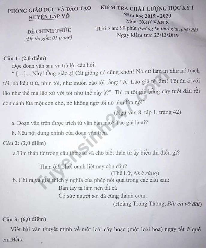De thi ki 1 lop 8 nam 2019 - 2020 mon Van huyen Lap Vo