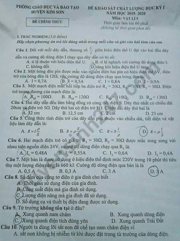 De thi ki 1 Ly lop 9 Phong GD&DT Kim Son nam 2019