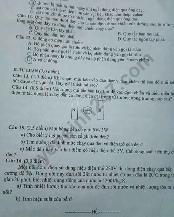 De thi ki 1 Ly lop 9 Phong GD&DT Kim Son nam 2019