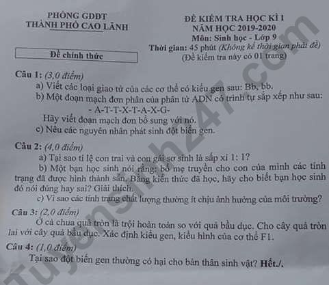 De thi hoc ki 1 mon Sinh lop 9 Phong GDDT Cao Lanh 2019