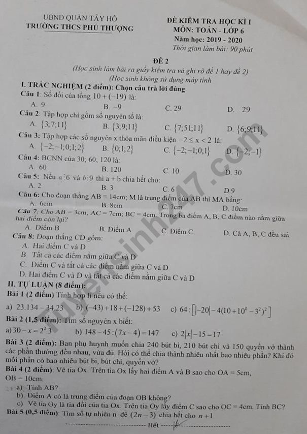 De thi hoc ki 1 lop 6 mon Toan - THCS Phu Thuong nam 2019