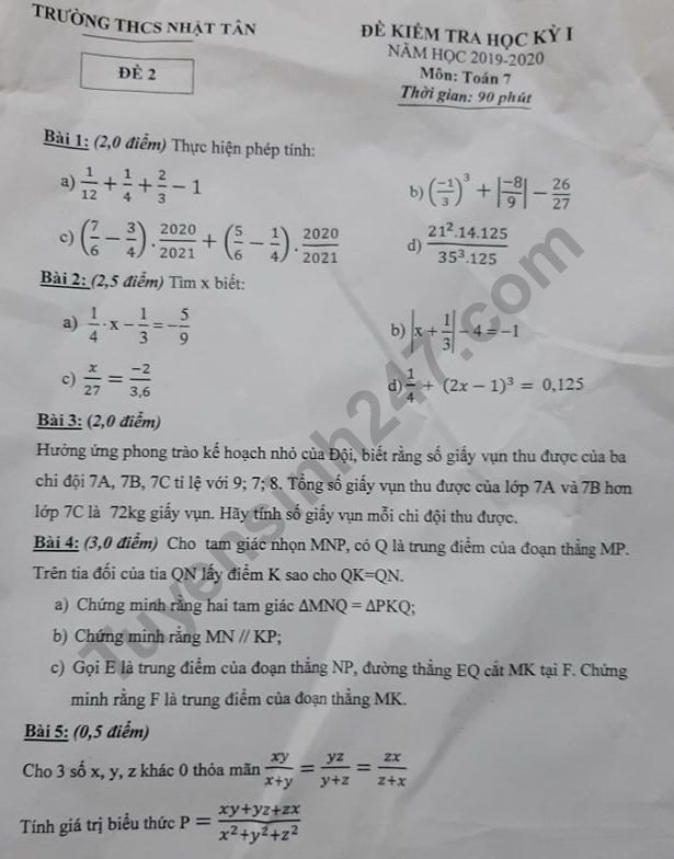 De thi mon Toan lop 7 ki 1 - THCS Nhat Tan nam 2019
