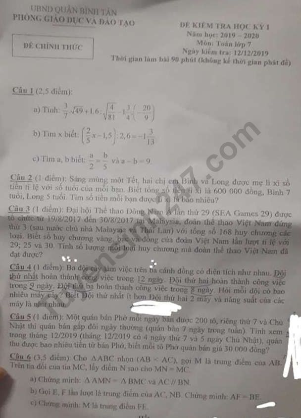 De thi ki 1 lop 7 mon Toan Quan Binh Tan 2019 - 2020