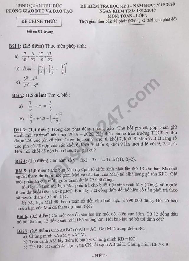 De thi ki 1 mon Toan lop 7 Quan Thu Duc 2019