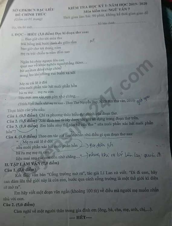 De thi ki 1 mon Van lop 7 So GD Bac Lieu 2019 - 2020