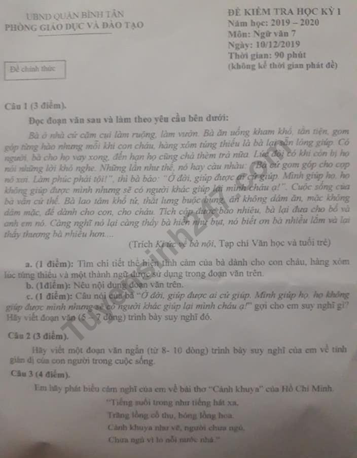 De thi ki 1 mon Van lop 7 Quan Binh Tan 2019 - 2020