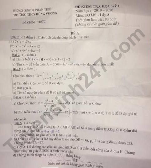 De thi ki 1 lop 8 mon Toan 2019 - 2020 THCS Hung Vuong