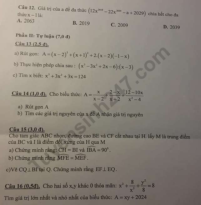 De thi ki 1 mon Toan lop 8 THCS Van Lang 2019 - 2020