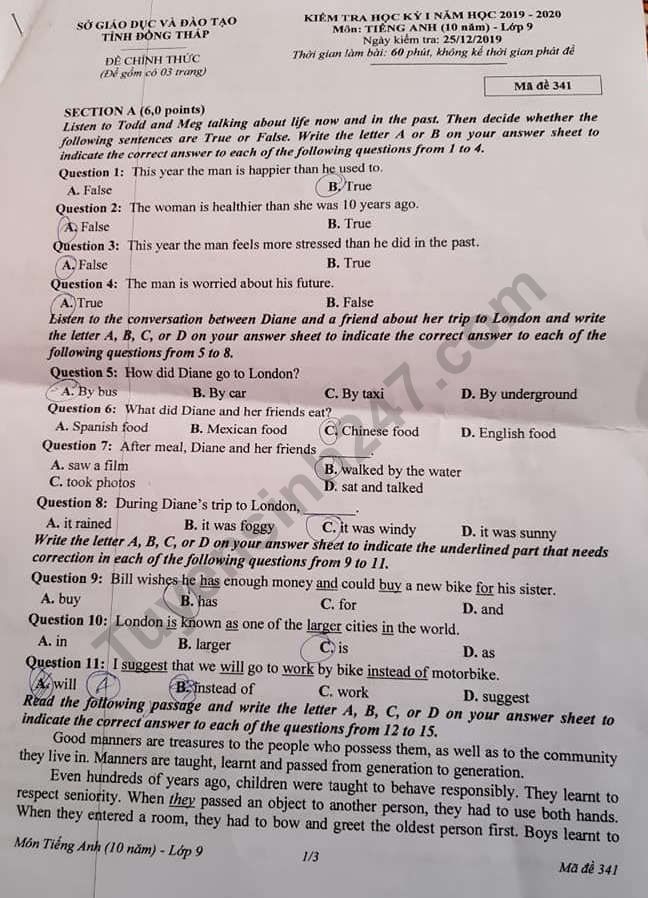 De thi ki 1 lop 9 mon Anh tinh Dong Thap 2019 - 2020