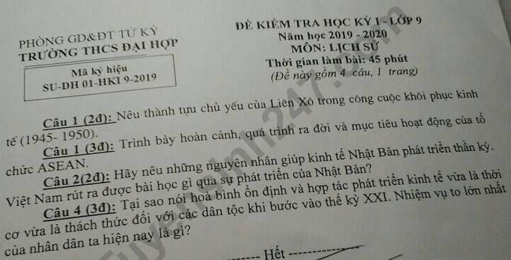 De thi ki 1 lop 9 mon Su THCS Dai Hop 2019 - 2020
