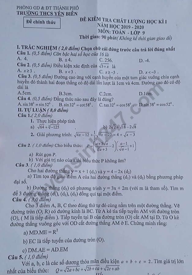 De thi ki 1 mon Toan lop 9 THCS Yen Bien 2019 - 2020