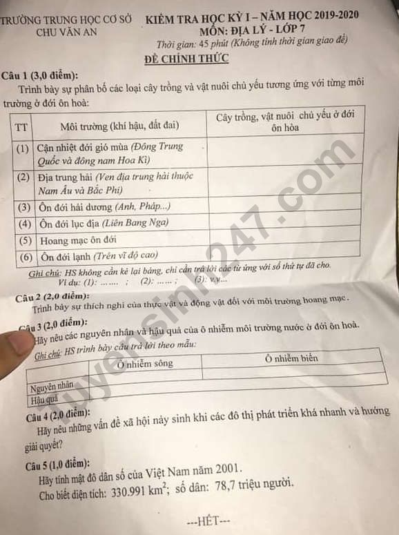 De thi hoc ki 1 Dia lop 7 THCS Chu Van An nam 2019