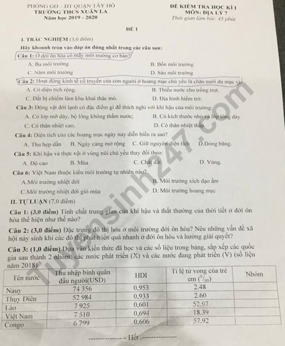 De thi hoc ki 1 mon Dia lop 7 THCS Xuan La nam 2019