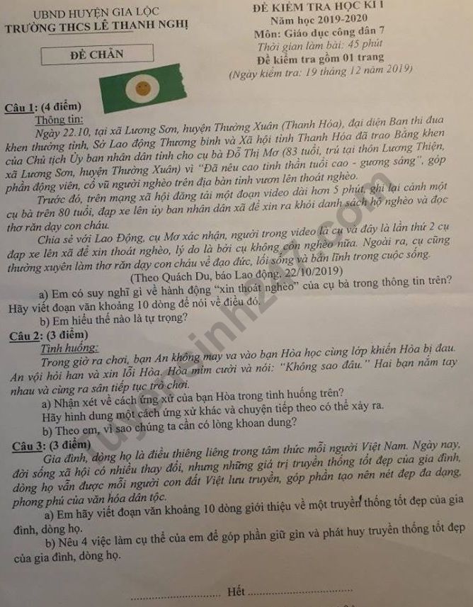 De thi ki 1 lop 7 mon GDCD - THCS Le Thanh Nghi 2019