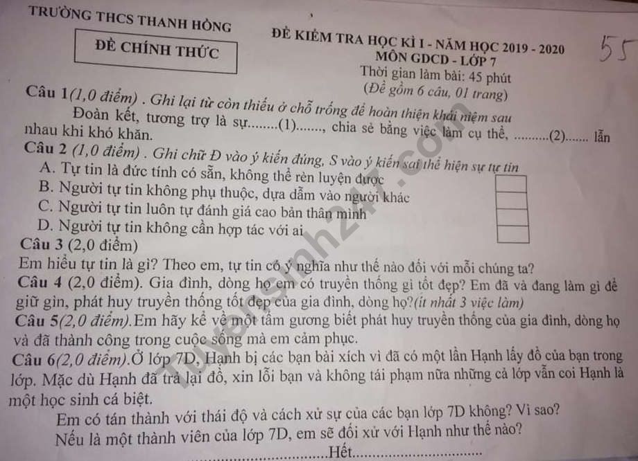 De thi mon GDCD lop 7 ki 1 - THCS Thanh Hong nam 2019