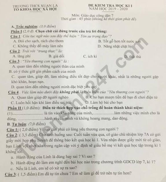 De thi GDCD lop 7 ki 1 - THCS Xuan La nam 2019