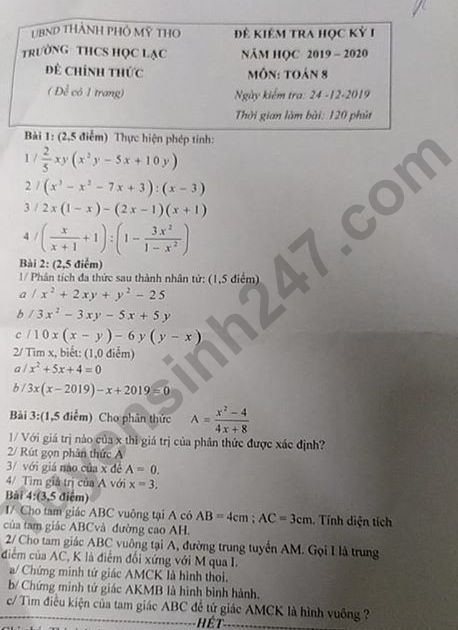 De thi ki 1 lop 8 mon Toan THCS Hoc Lac 2019 - 2020