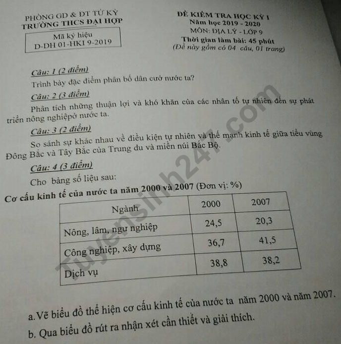 De thi ki 1 lop 9 mon Dia THCS Dai Hop 2019 - 2020