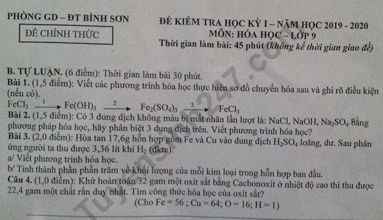 De thi ki 1 lop 9 mon Hoa 2019 - 2020 Binh Son