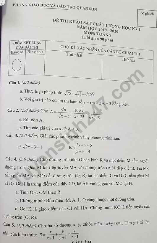 De thi ki 1 mon Toan lop 9 nam 2019 - 2020 Phong GD Quan Son