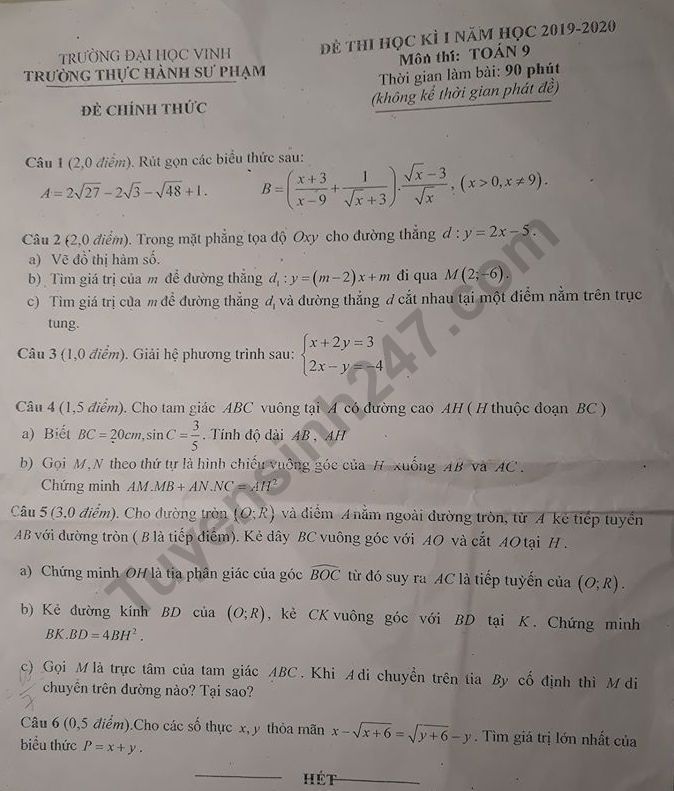 De thi ki 1 lop 9 mon Toan 2019 - 2020 Thuc hanh Su pham