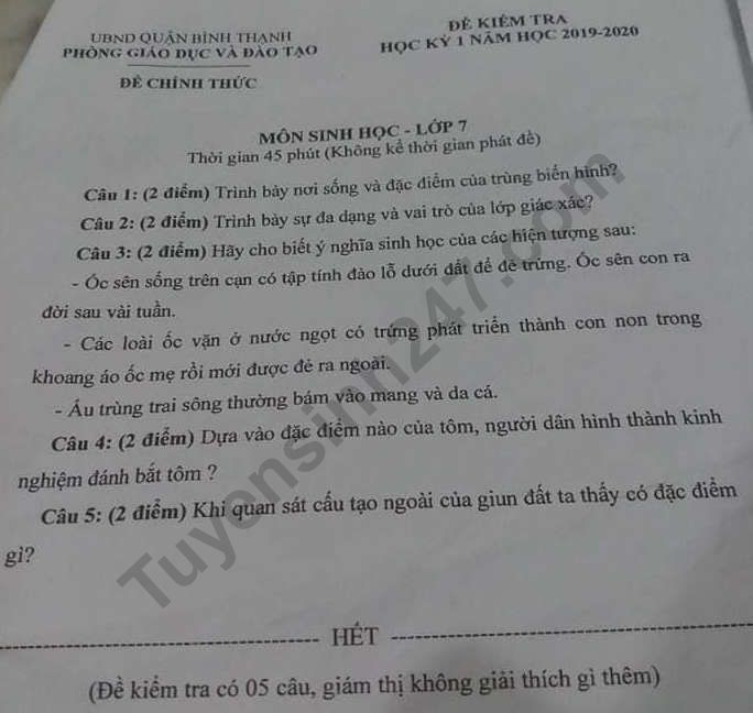 De thi ki 1 lop 7 mon Sinh Phong GD&DT Binh Thanh nam 2019