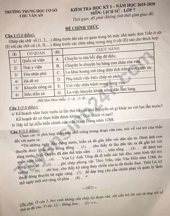 De thi mon Su lop 7 ki 1 - THCS Chu Van An nam 2019