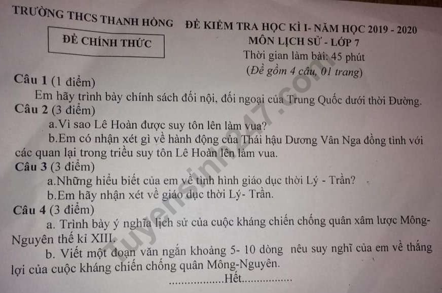 De thi hoc ki 1 mon Su lop 7 nam 2019 - THCS Thanh Hong